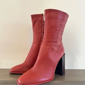 Zara Orange Fire Leather Mid-Calf Block Heel Boots